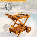 Carrello Portavivande da Giardino Esterno con Portabottiglie e 2 Ruote per Pranzi o Cene