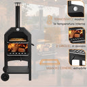 Forno per pizza da giardino con termometro e 2 griglie in acciaio vassoio cenere estraibile e 2 ruote per piscina o terrazzo o patio