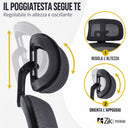 Silla de oficina ergonómica con reposabrazos, reposacabezas y soporte lumbar plegables